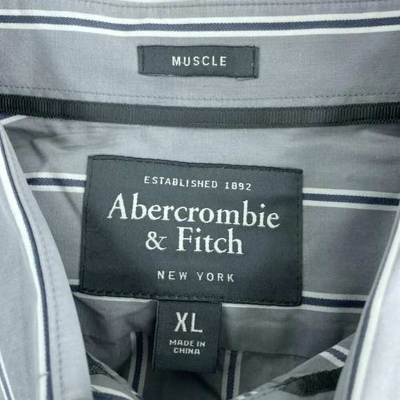 Abercrombie & Fitch Mens Muscle Fit XL Gray Striped  Shirt 100% Cotton  4748 - Picture 3 of 8